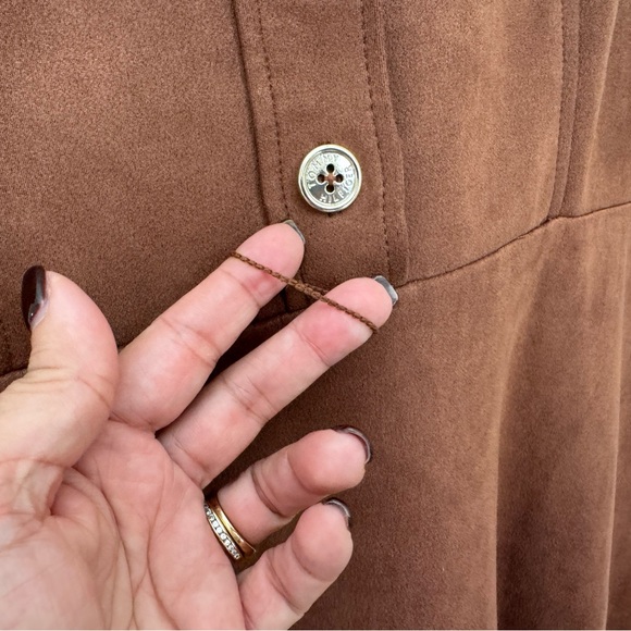 TOMMY HILFIGER SHIRTDRESS. FAUX SUEDE A-LINE. FLATTERING. ELEGANT BROWN COGNAC - Picture 14 of 16